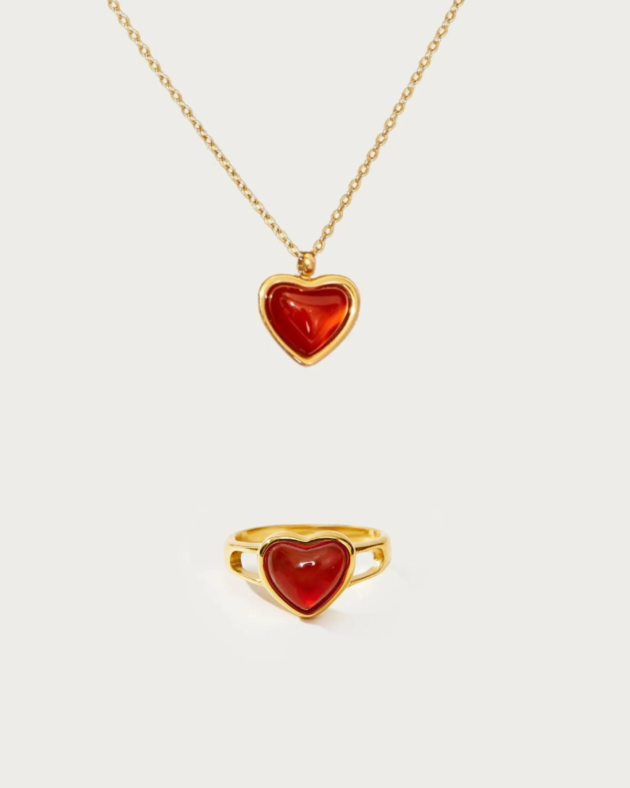 Carnelian Ensemble Collier Et Bague Cœur